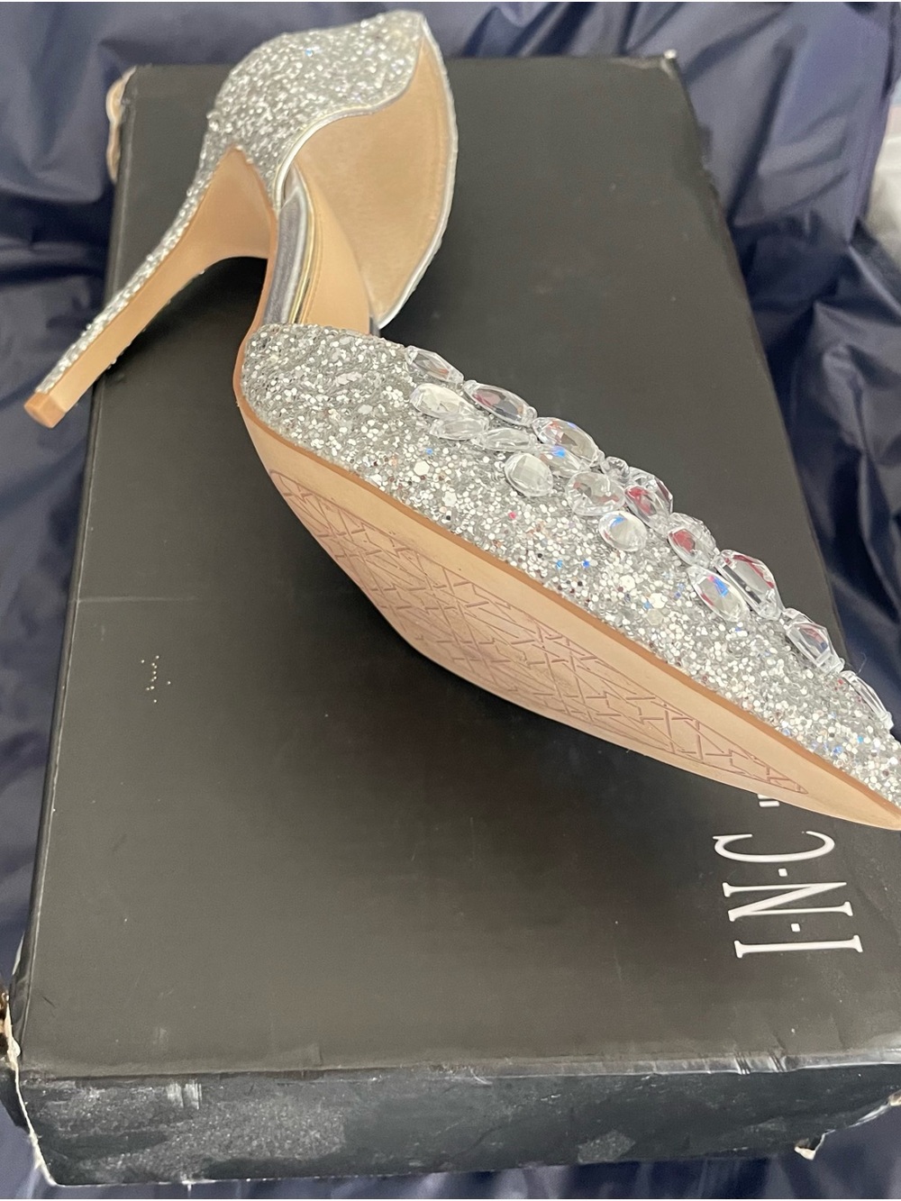 INC International Concepts Silver Glitter Jeweled Pointed Toe Heels